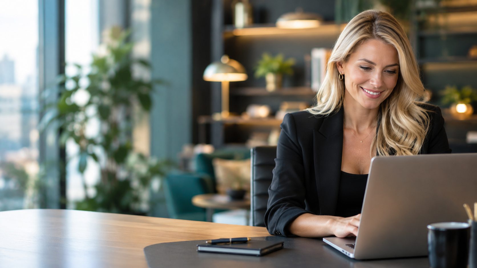 A smiling businesswoman working on a laptop in a modern office